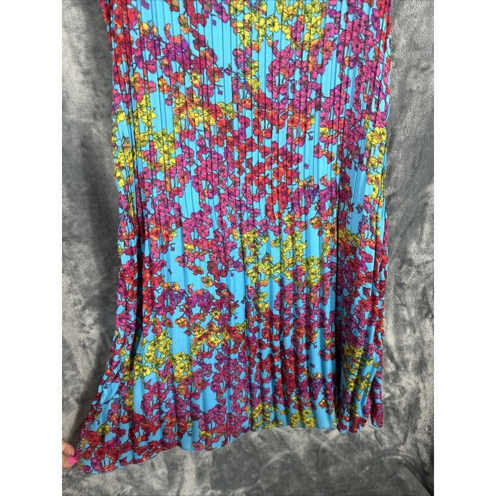New Directions Dress Womens A Line Turquoise Blue Floral Pleated Short Sleeve - Picture 3 of 14